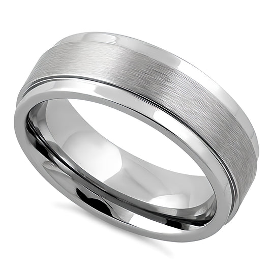 Stainless Steel Men's Stair Step Satin Finish Polished Wedding Band Ring, Comfort Fit, Gift for Him
