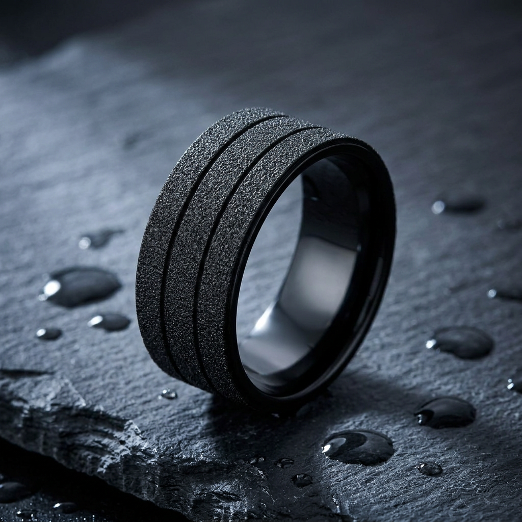 Stainless Steel 9mm Black Sandblasted Double Groove Wedding Band Ring for Men life1