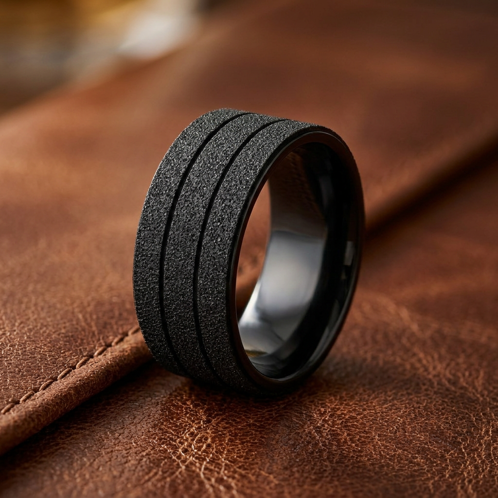 Stainless Steel 9mm Black Sandblasted Double Groove Wedding Band Ring for Men life2
