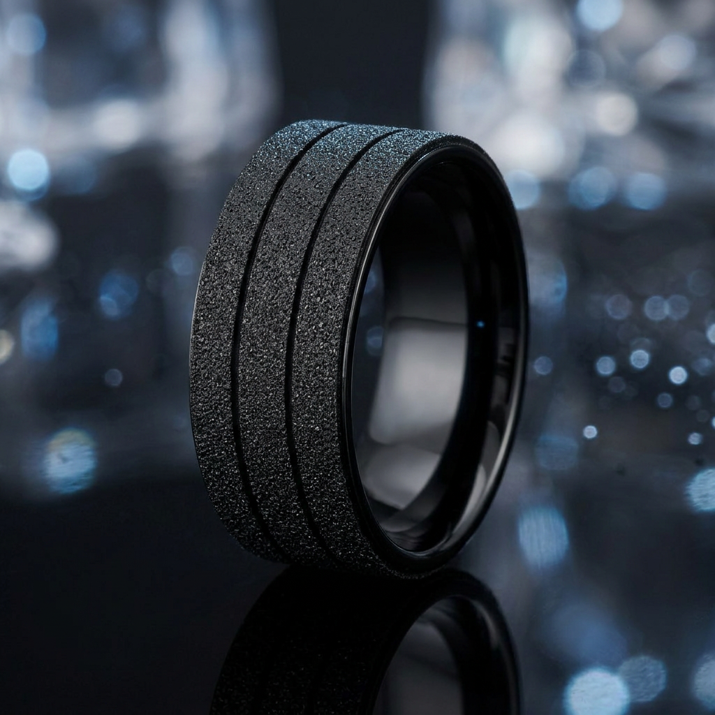 Stainless Steel 9mm Black Sandblasted Double Groove Wedding Band Ring for Men life4