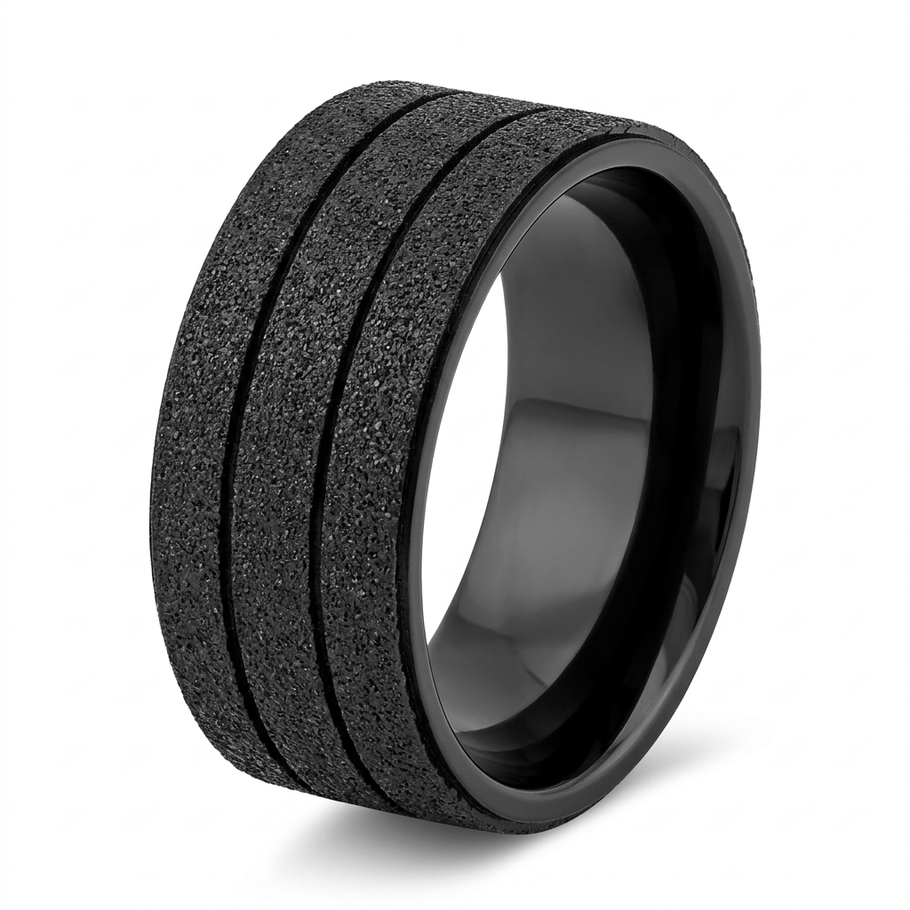 Stainless Steel 9mm Black Sandblasted Double Groove Wedding Band Ring for Men