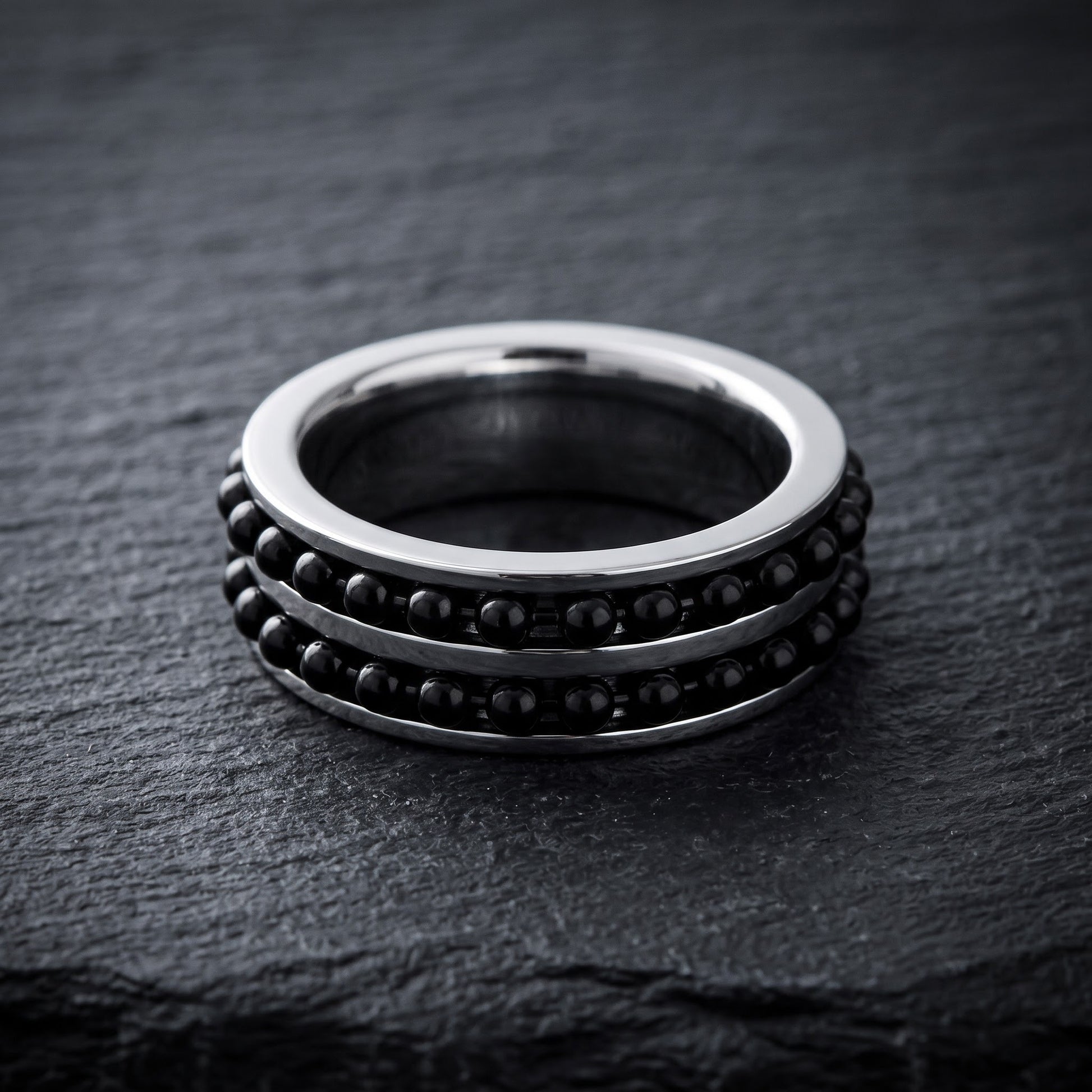 Stainless Steel Men's Black Beaded Groove Polished Wedding Band Ring, Comfort Fit, Gift for Him view 1