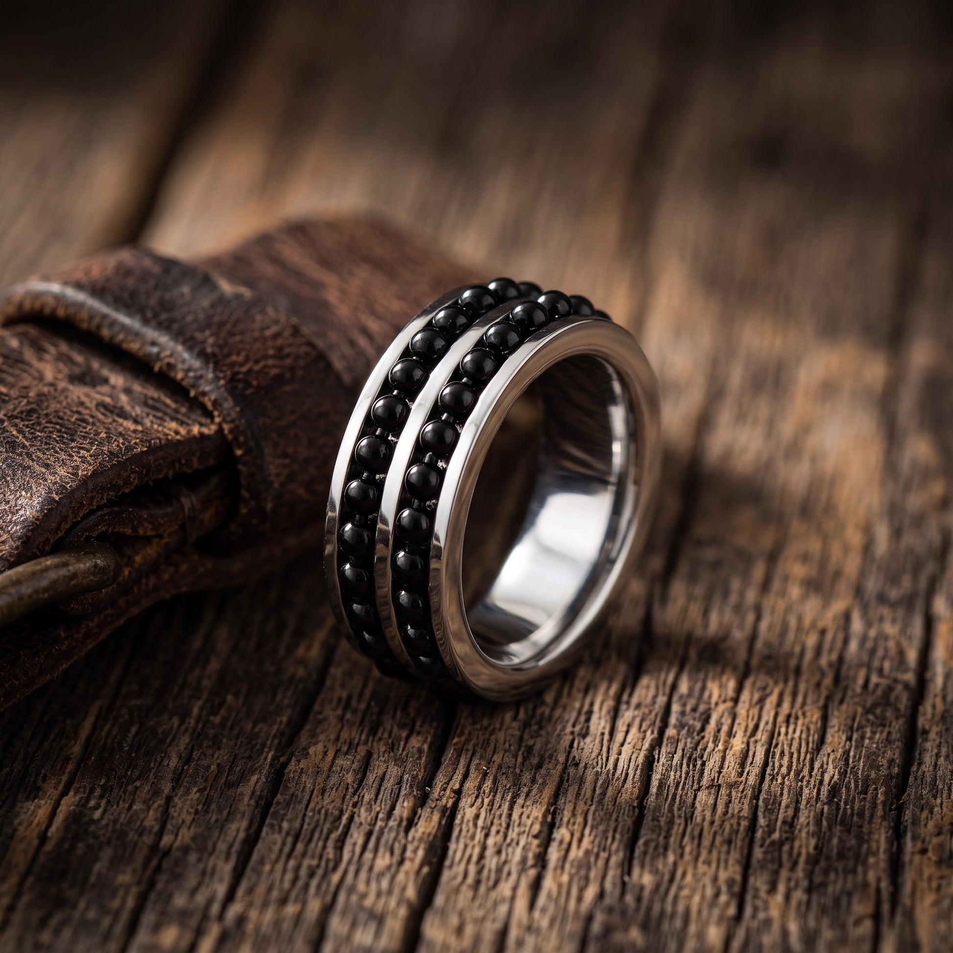 Stainless Steel Men's Black Beaded Groove Polished Wedding Band Ring, Comfort Fit, Gift for Him view 2