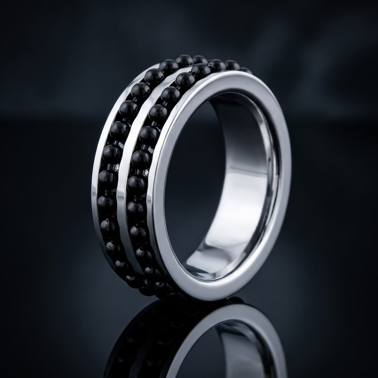 Stainless Steel Men's Black Beaded Groove Polished Wedding Band Ring, Comfort Fit, Gift for Him view 3