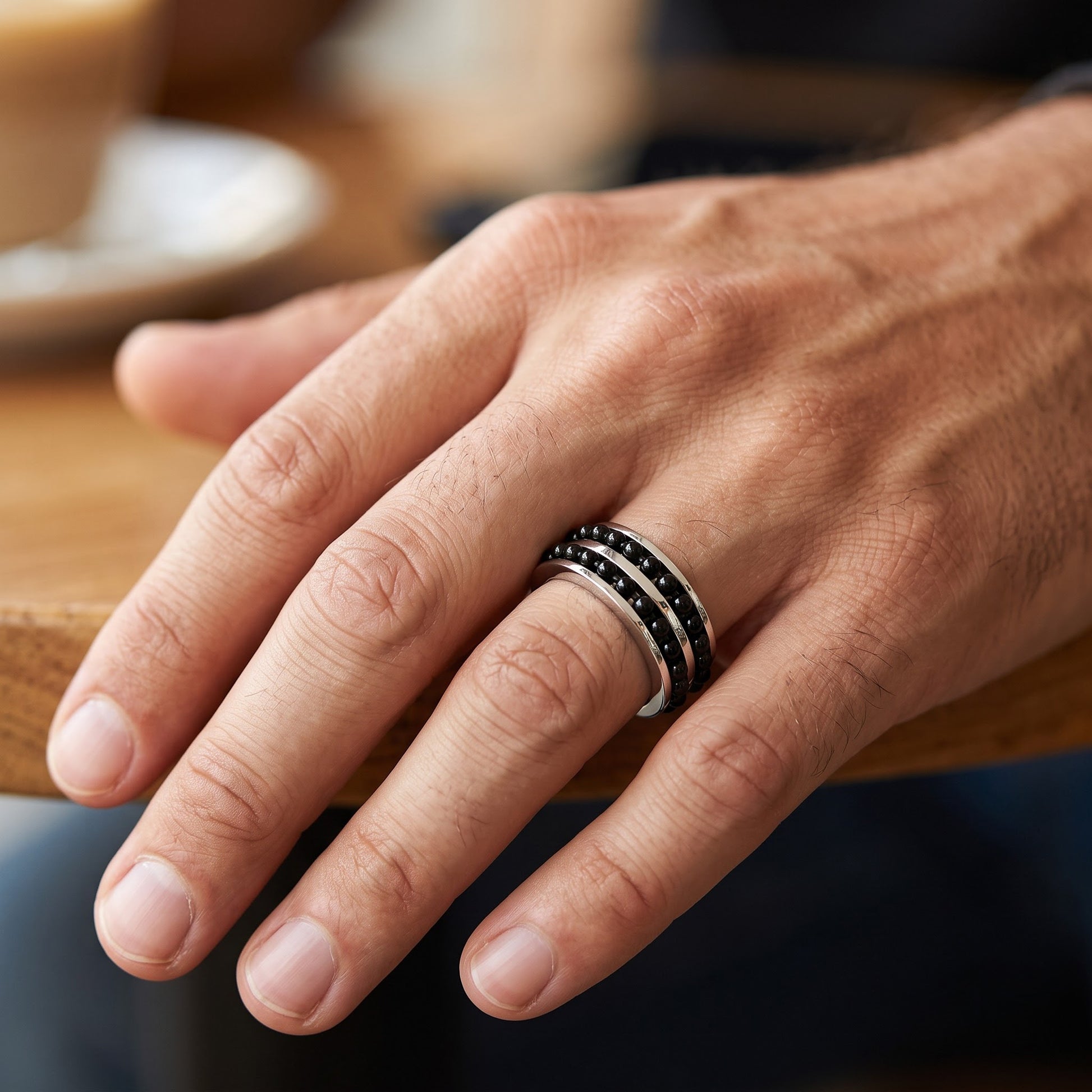 Stainless Steel Men's Black Beaded Groove Polished Wedding Band Ring, Comfort Fit, Gift for Him view 5