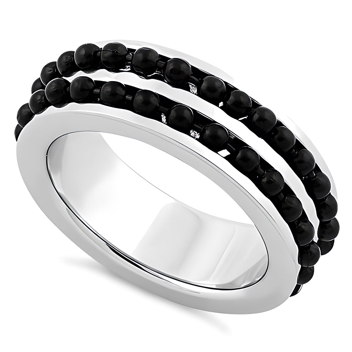 Stainless Steel Men's Black Beaded Groove Polished Wedding Band Ring, Comfort Fit, Gift for Him
