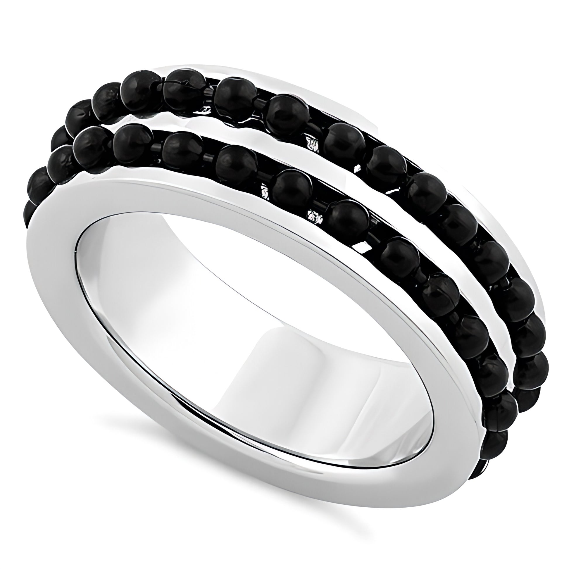 Stainless Steel Men's Black Beaded Groove Polished Wedding Band Ring, Comfort Fit, Gift for Him
