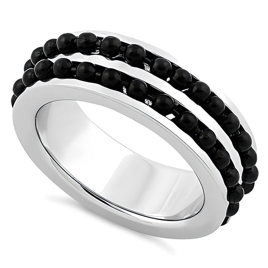 Stainless Steel Men's Black Beaded Groove Polished Wedding Band Ring, Comfort Fit, Gift for Him