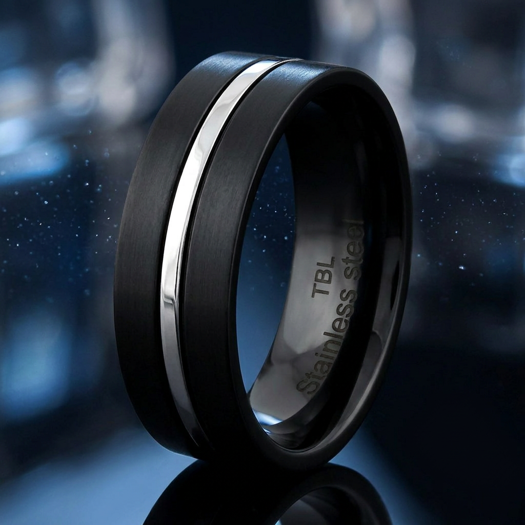 Stainless Steel 6.5mm Black Two Tone Silver Stripe Band Ring for Men and Women life4