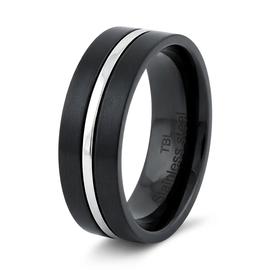 Stainless Steel 6.5mm Black Two Tone Silver Stripe Band Ring for Men and Women