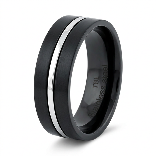 Stainless Steel 6.5mm Black Two Tone Silver Stripe Band Ring for Men and Women