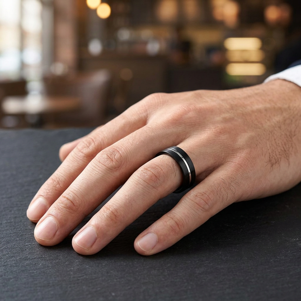 Stainless Steel 6.5mm Black Two Tone Silver Stripe Band Ring for Men and Women model