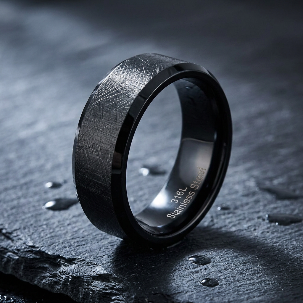 Stainless Steel 7mm Black Brushed Beveled Edge Comfort Fit Wedding Band for Men life1
