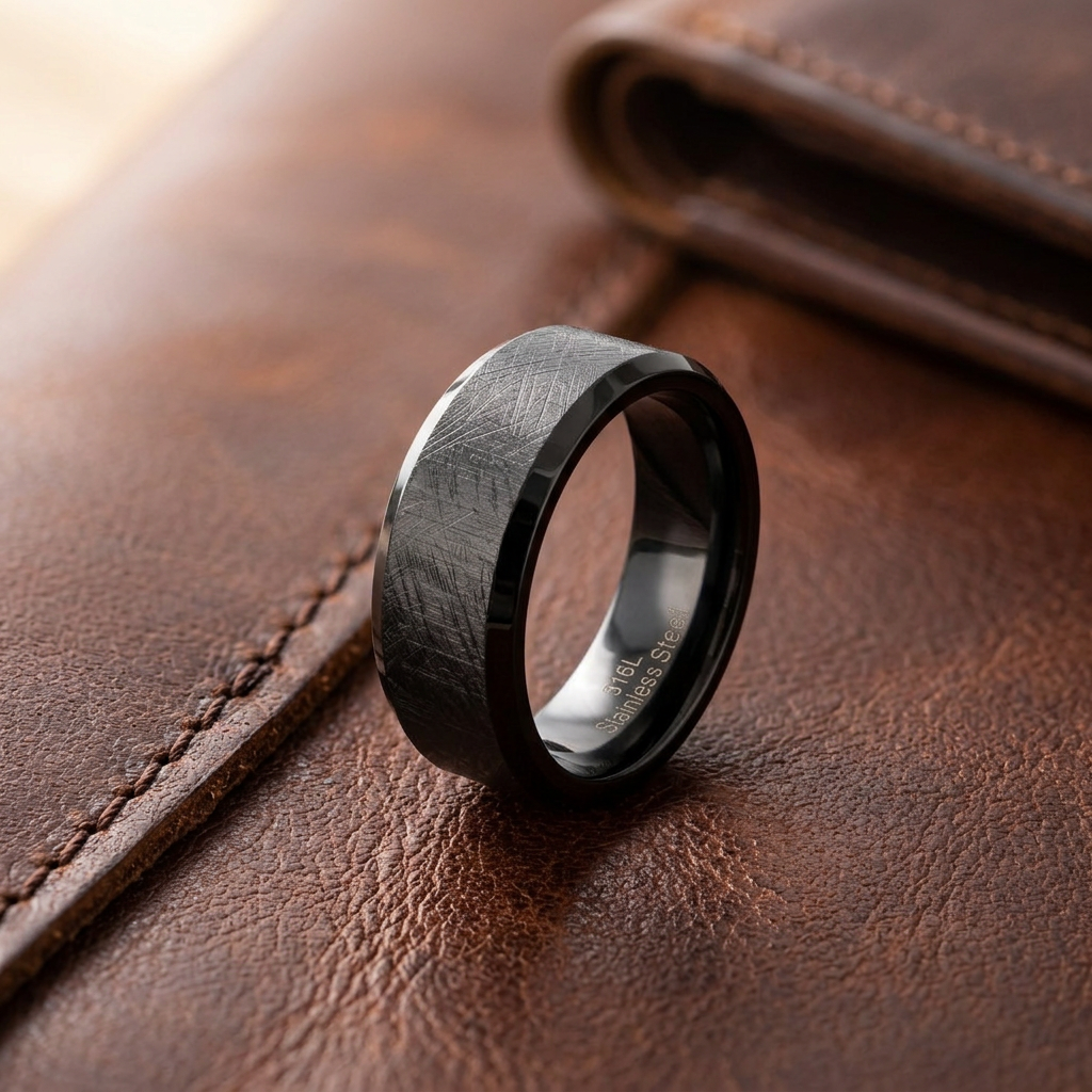 Stainless Steel 7mm Black Brushed Beveled Edge Comfort Fit Wedding Band for Men life2