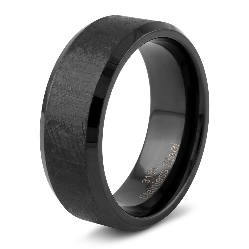 Stainless Steel 7mm Black Brushed Beveled Edge Comfort Fit Wedding Band for Men