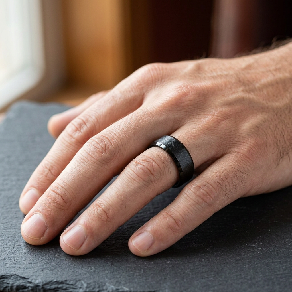 Stainless Steel 7mm Black Brushed Beveled Edge Comfort Fit Wedding Band for Men model