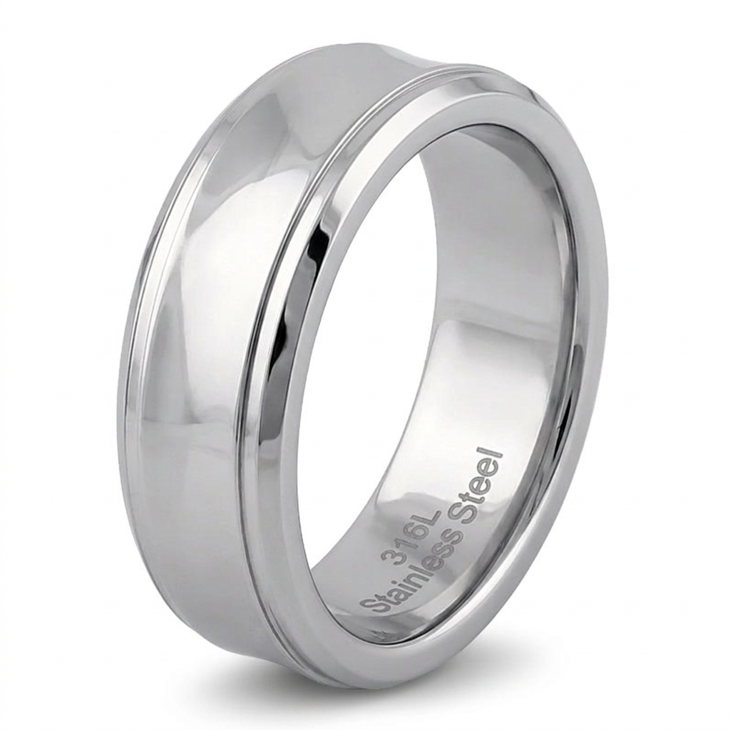 Stainless Steel 7mm High Polish Stepped Edge Comfort Fit Wedding Band for Men