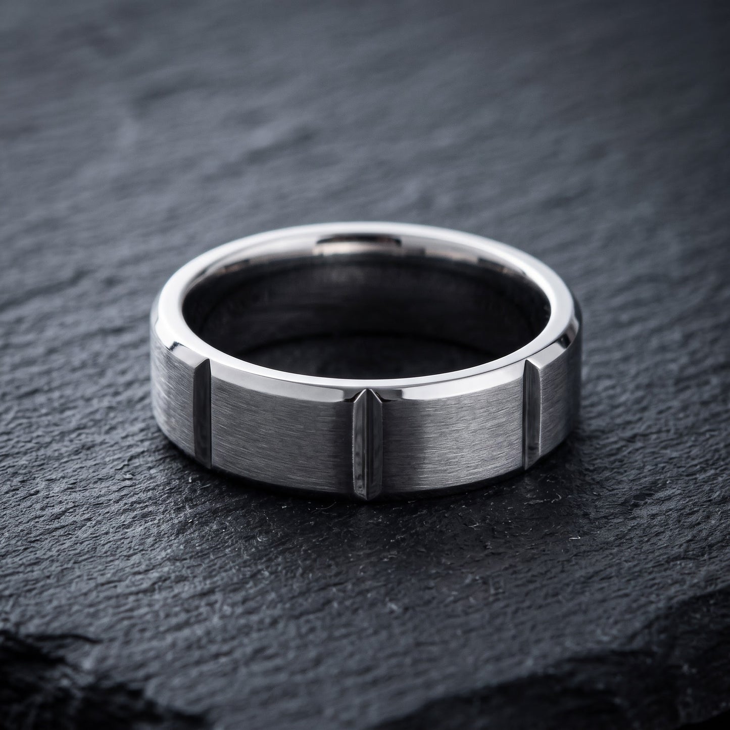 Stainless Steel Men's 6mm Brushed Groove Wedding Band Ring, Comfort Fit, Gift for Him view 1