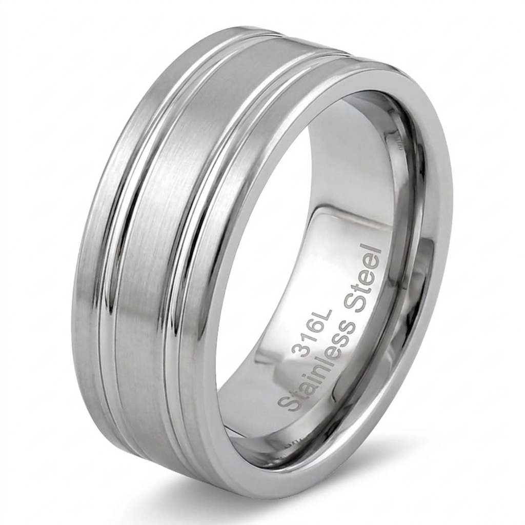 Stainless Steel 8mm Brushed Silver Double Groove Wedding Band Ring for Men