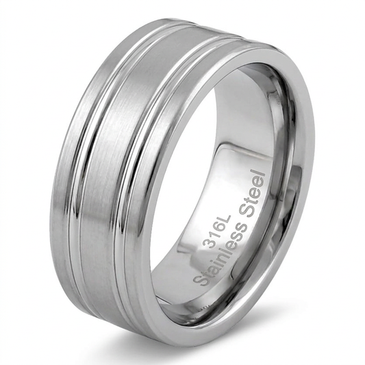 Stainless Steel 8mm Brushed Silver Double Groove Wedding Band Ring for Men