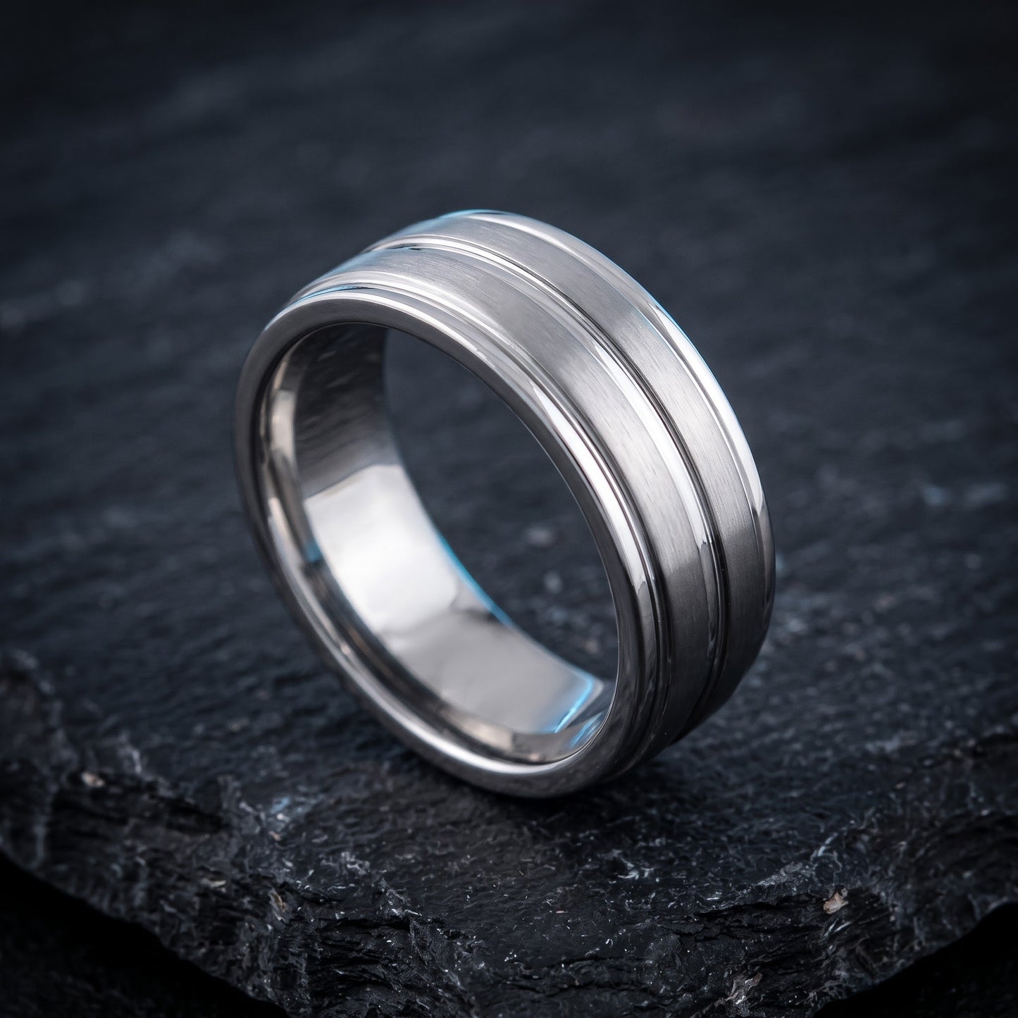 Stainless Steel Men's 8mm Brushed Polish with Grooves Wedding Band Ring, Comfort Fit, Gift for Him view 1