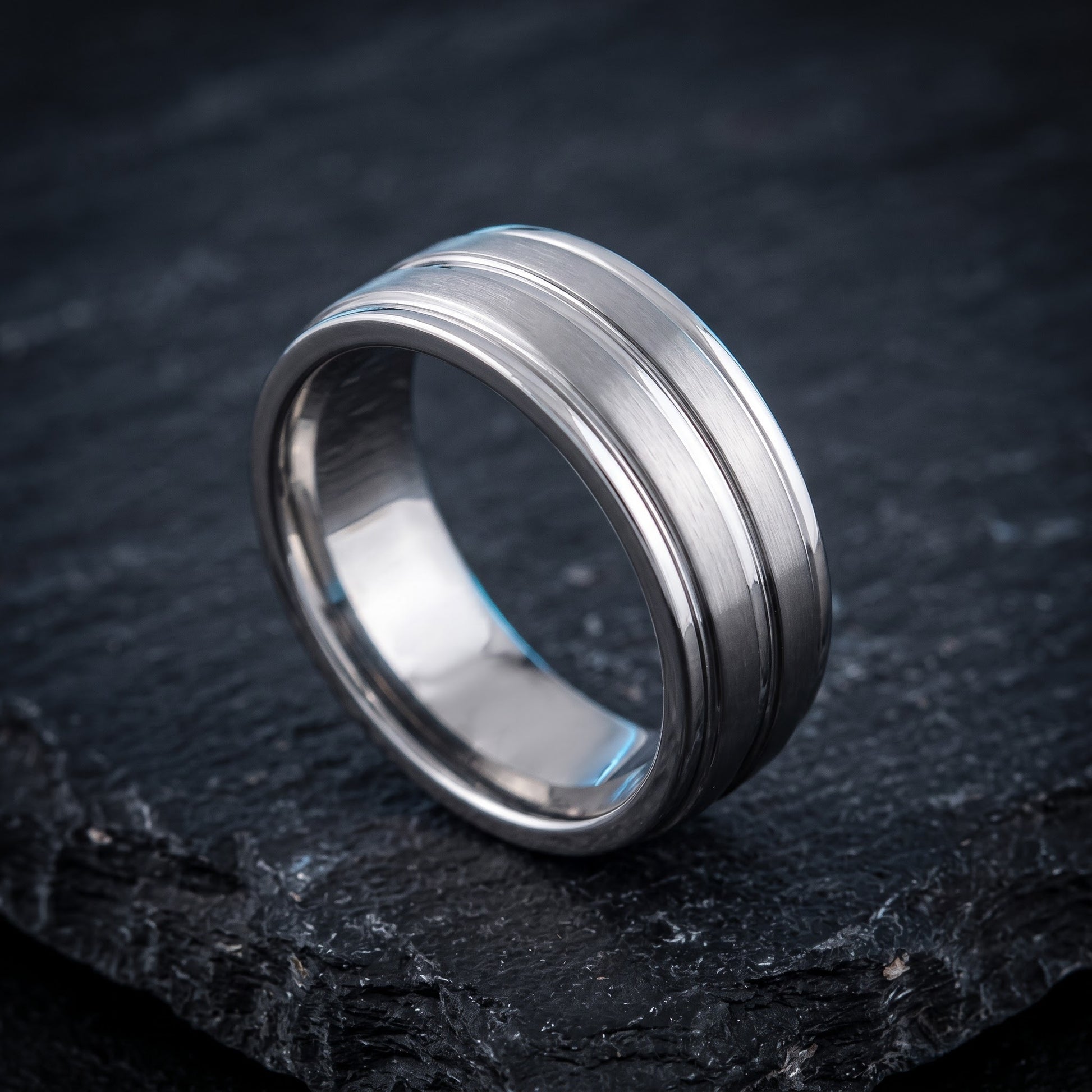 Stainless Steel Men's 8mm Brushed Polish with Grooves Wedding Band Ring, Comfort Fit, Gift for Him view 1