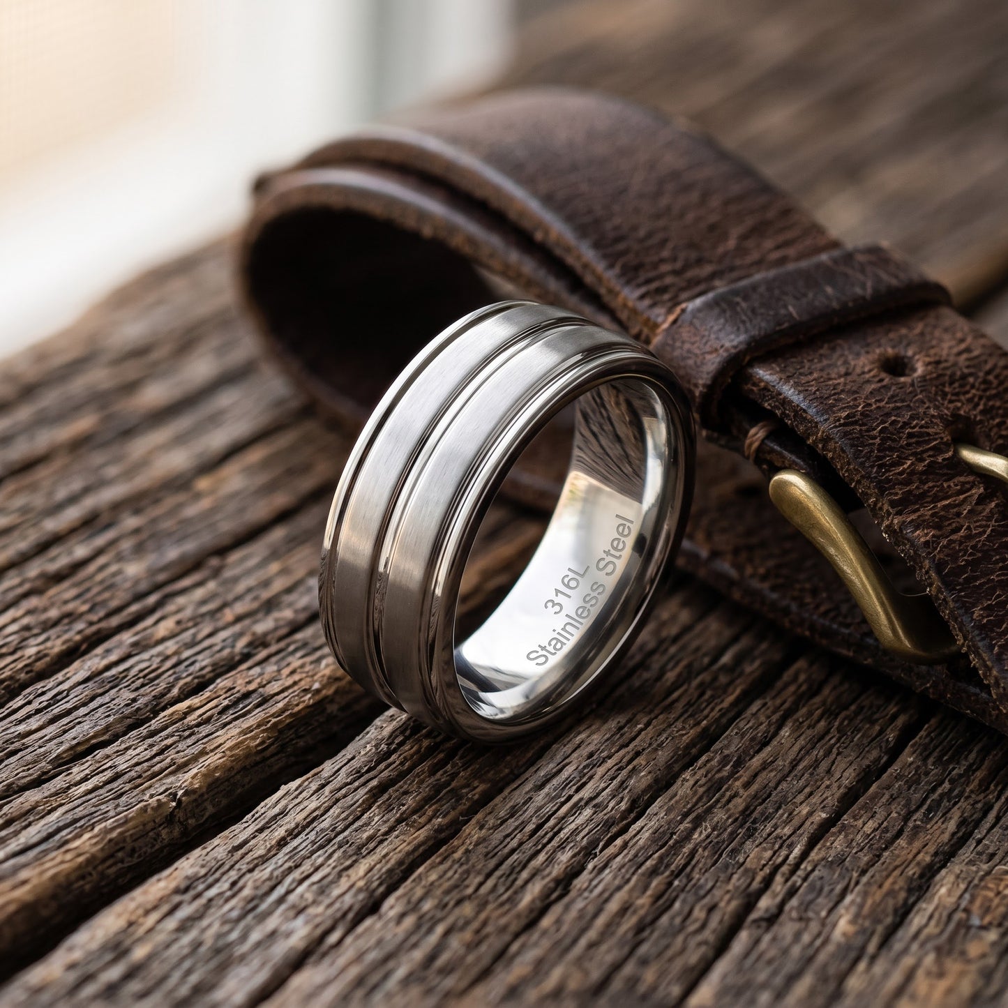 Stainless Steel Men's 8mm Brushed Polish with Grooves Wedding Band Ring, Comfort Fit, Gift for Him view 2