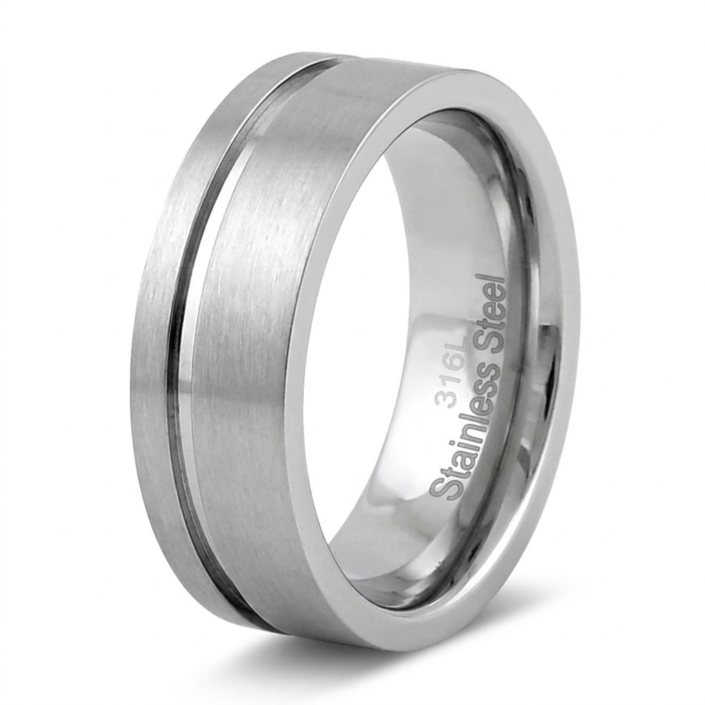 Stainless Steel 7mm Brushed Polished Grooved Comfort Fit Wedding Band for Men