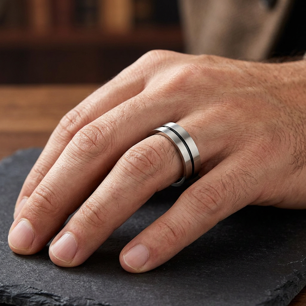 Stainless Steel 7mm Brushed Polished Grooved Comfort Fit Wedding Band for Men model