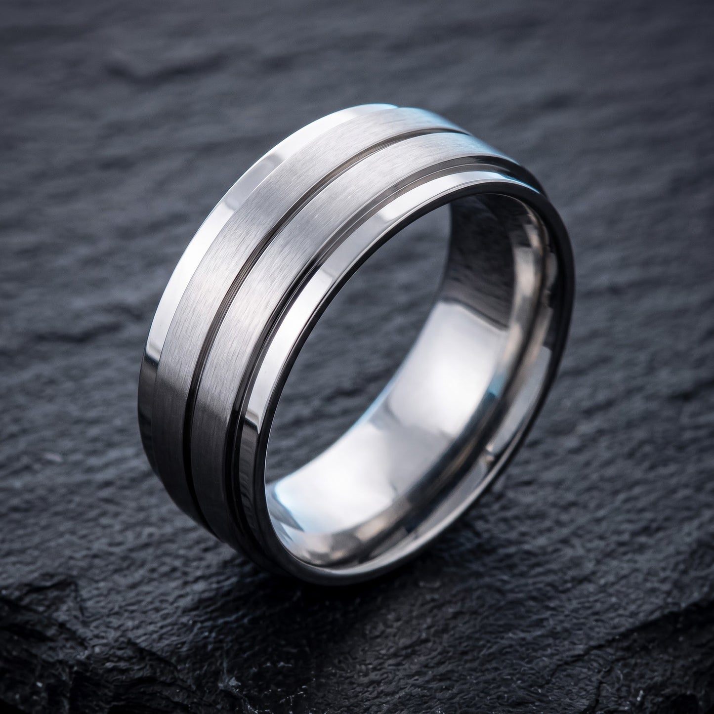 Stainless Steel Men's 8mm Brushed Polish with Lines Wedding Band Ring, Comfort Fit, Gift for Him view 1
