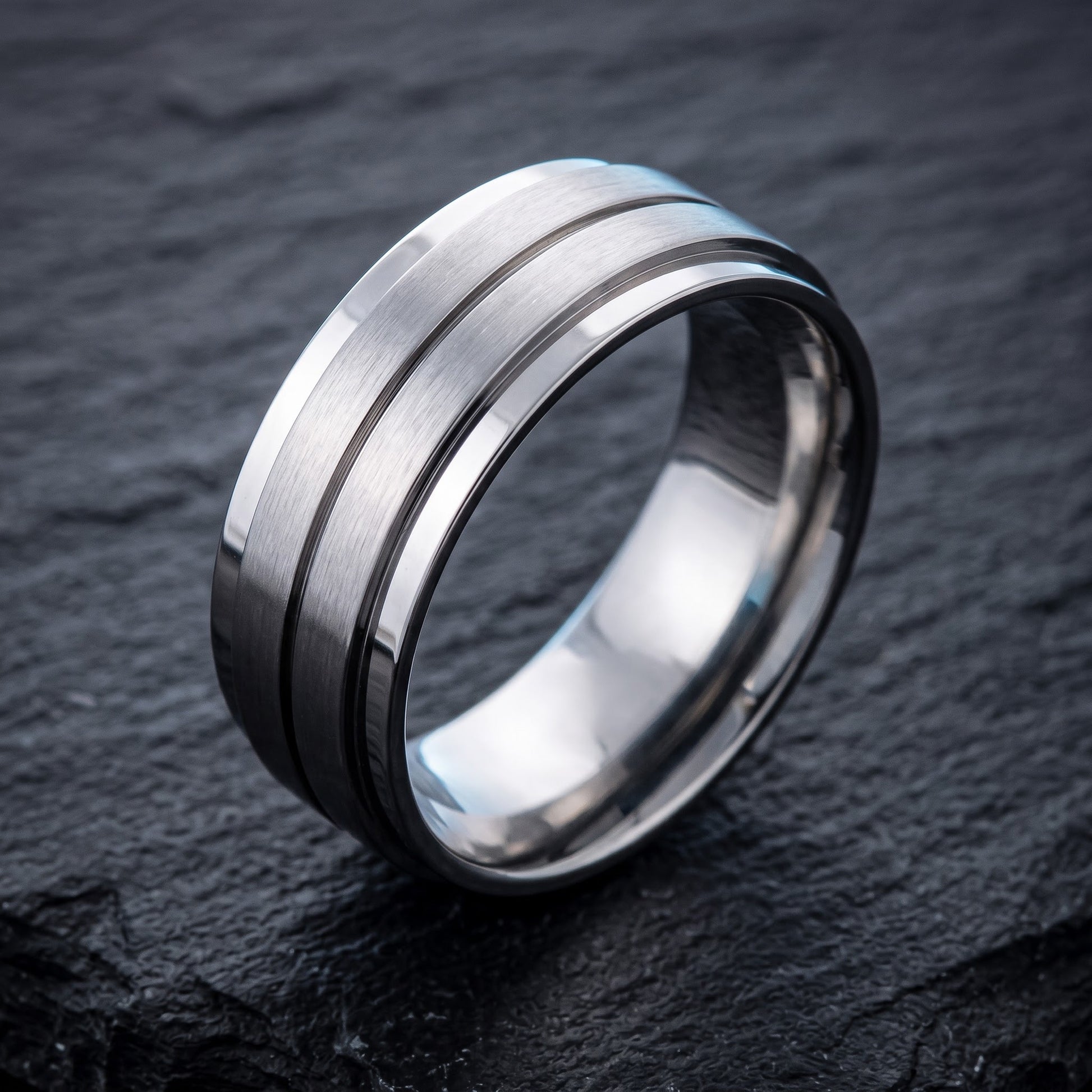 Stainless Steel Men's 8mm Brushed Polish with Lines Wedding Band Ring, Comfort Fit, Gift for Him view 1