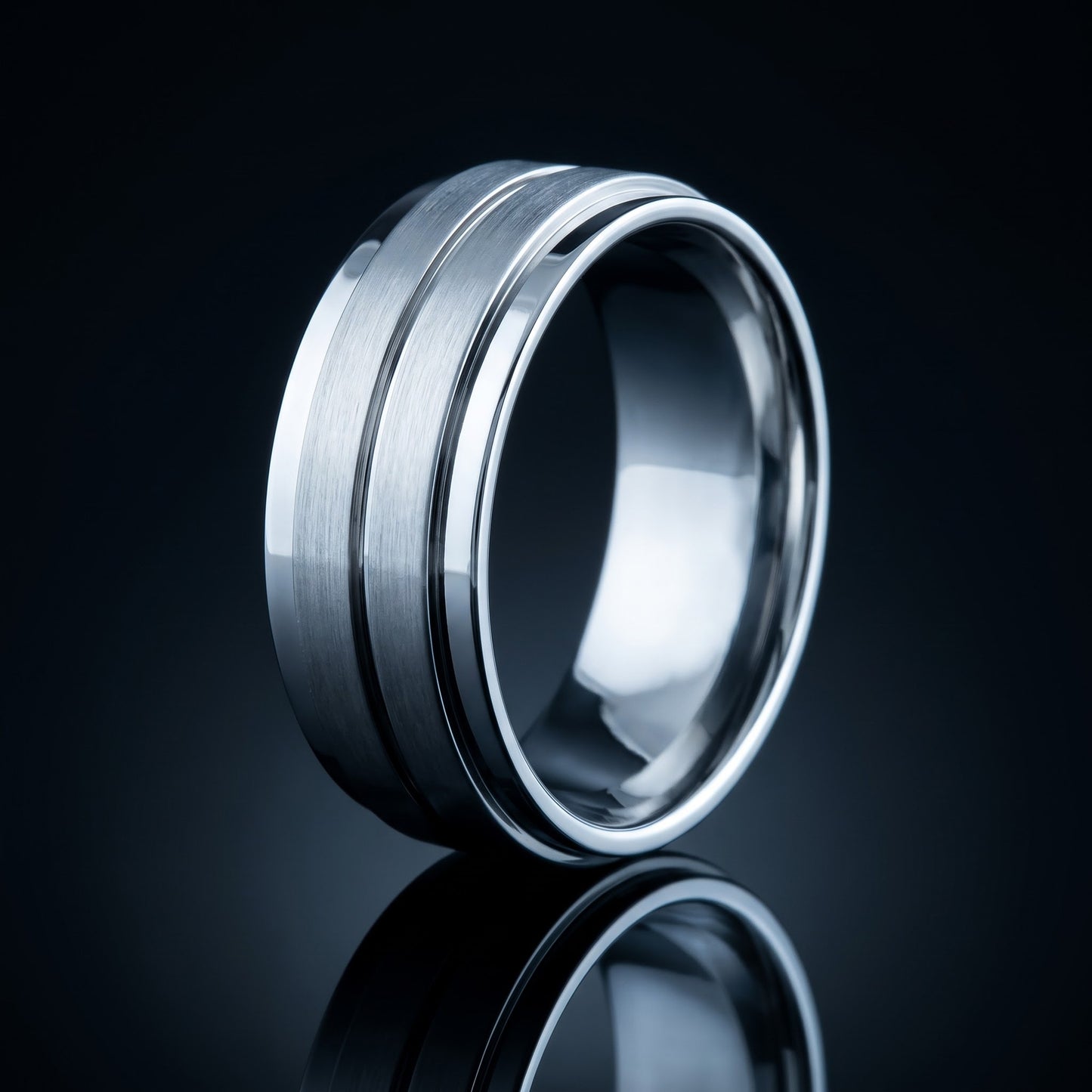 Stainless Steel Men's 8mm Brushed Polish with Lines Wedding Band Ring, Comfort Fit, Gift for Him view 3
