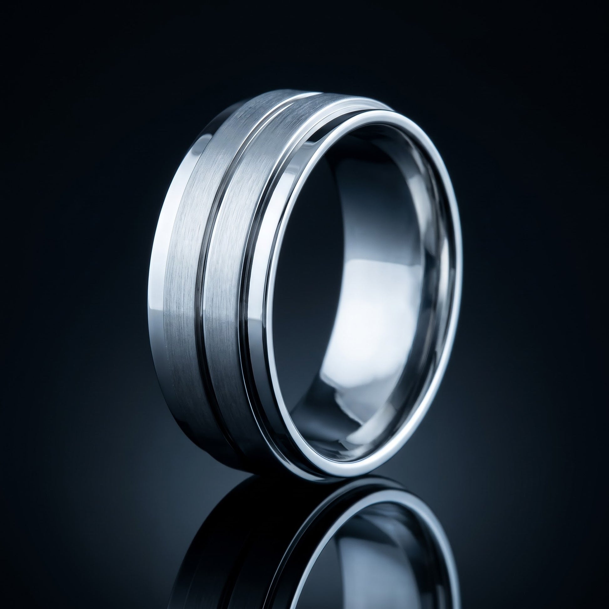 Stainless Steel Men's 8mm Brushed Polish with Lines Wedding Band Ring, Comfort Fit, Gift for Him view 3