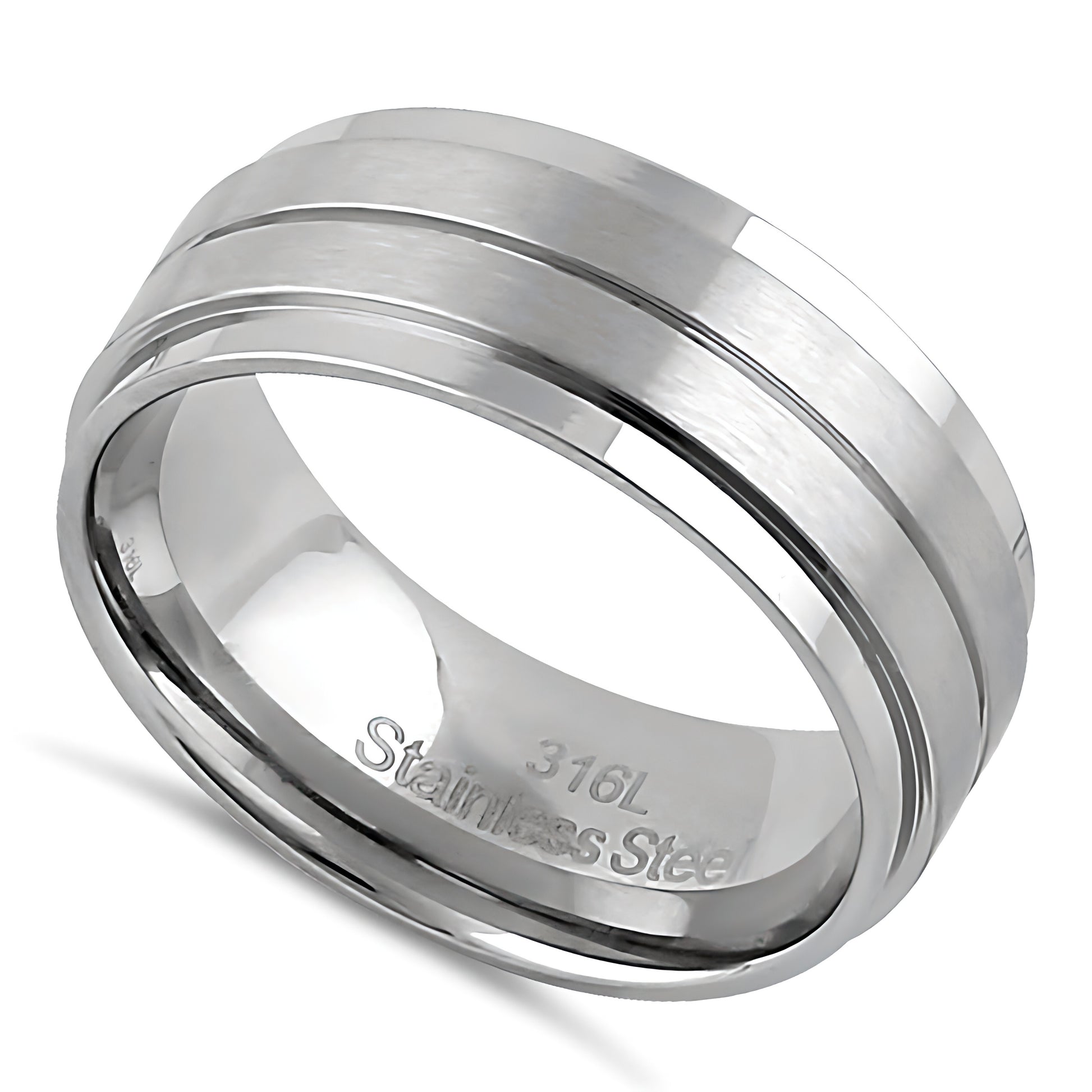 Stainless Steel Men's 8mm Brushed Polish with Lines Wedding Band Ring, Comfort Fit, Gift for Him