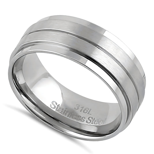 Stainless Steel Men's 8mm Brushed Polish with Lines Wedding Band Ring, Comfort Fit, Gift for Him