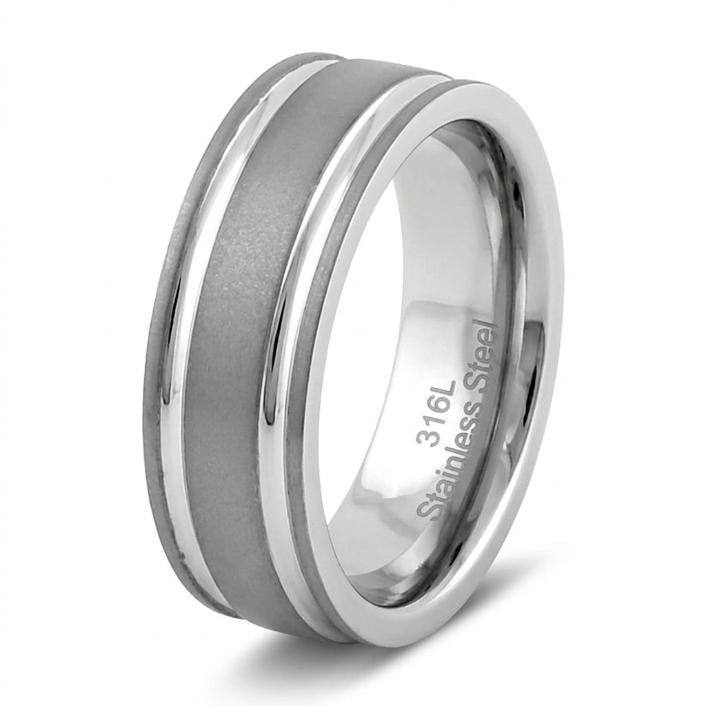 Stainless Steel 7mm Brushed Center Grooved Comfort Fit Wedding Band for Men