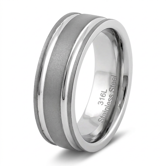 Stainless Steel 7mm Brushed Center Grooved Comfort Fit Wedding Band for Men