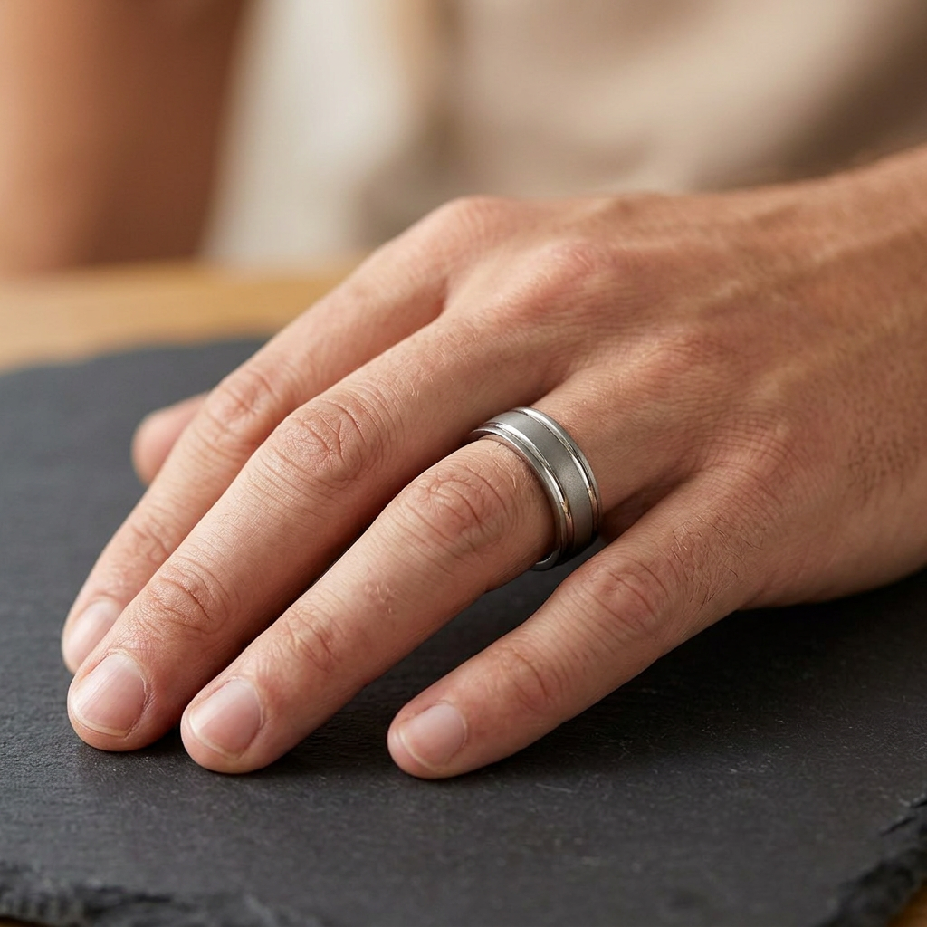 Stainless Steel 7mm Brushed Center Grooved Comfort Fit Wedding Band for Men model