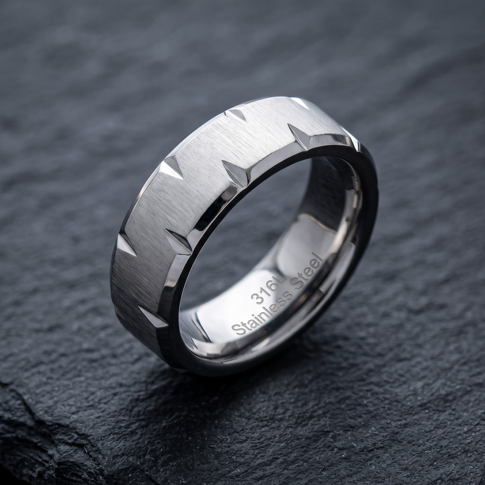 Stainless Steel Men's 6mm Brushed Diamond Cut Wedding Band Ring, Comfort Fit, Gift for Him view 1