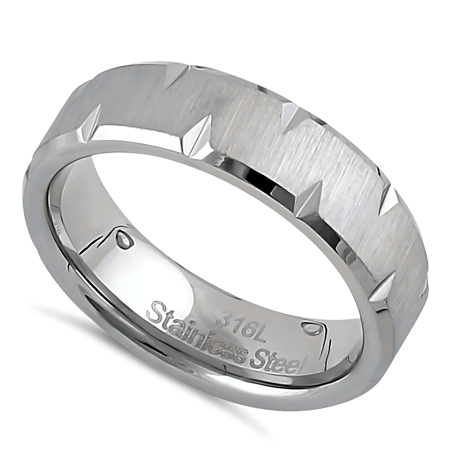 Stainless Steel Men's 6mm Brushed Diamond Cut Wedding Band Ring, Comfort Fit, Gift for Him