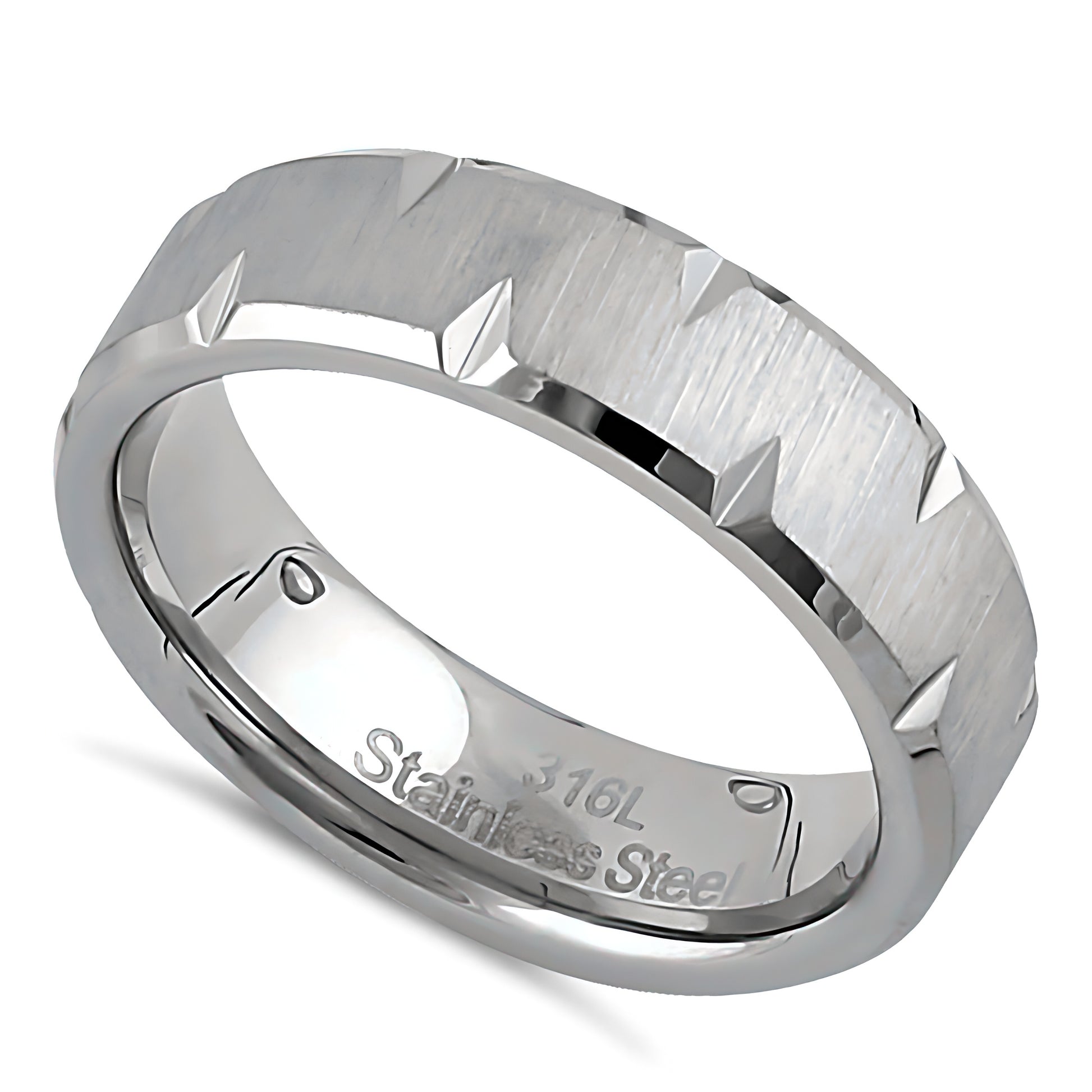 Stainless Steel Men's 6mm Brushed Diamond Cut Wedding Band Ring, Comfort Fit, Gift for Him