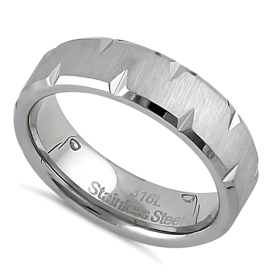 Stainless Steel Men's 6mm Brushed Diamond Cut Wedding Band Ring, Comfort Fit, Gift for Him