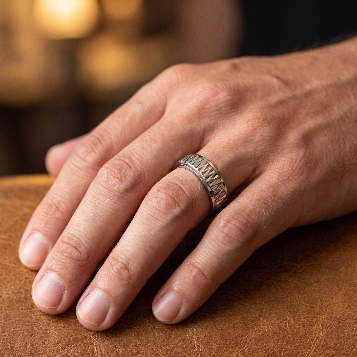 Stainless Steel Men's Diamond Cut Pattern Wedding Band Ring, Comfort Fit, Gift for Him view 5