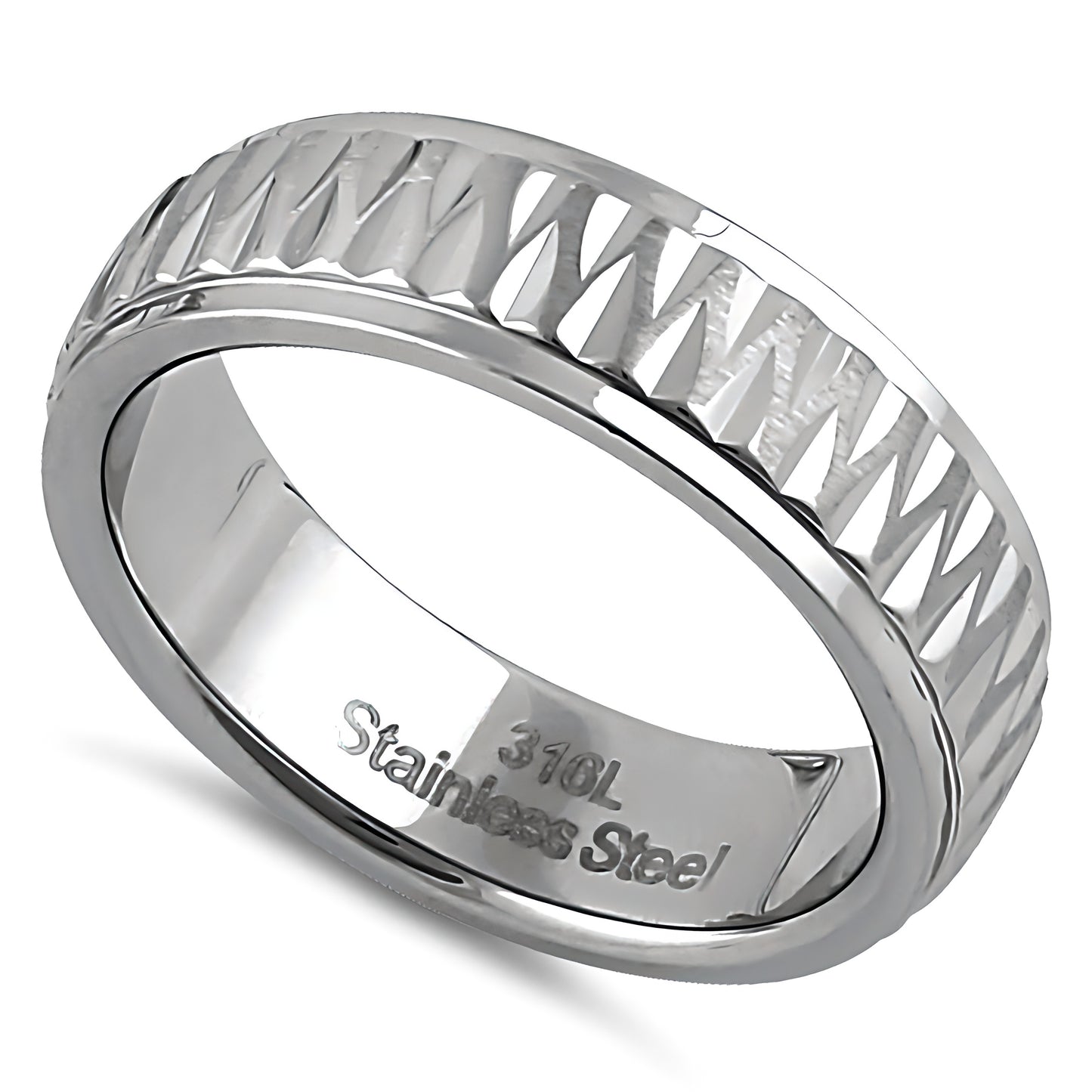 Stainless Steel Men's Diamond Cut Pattern Wedding Band Ring, Comfort Fit, Gift for Him
