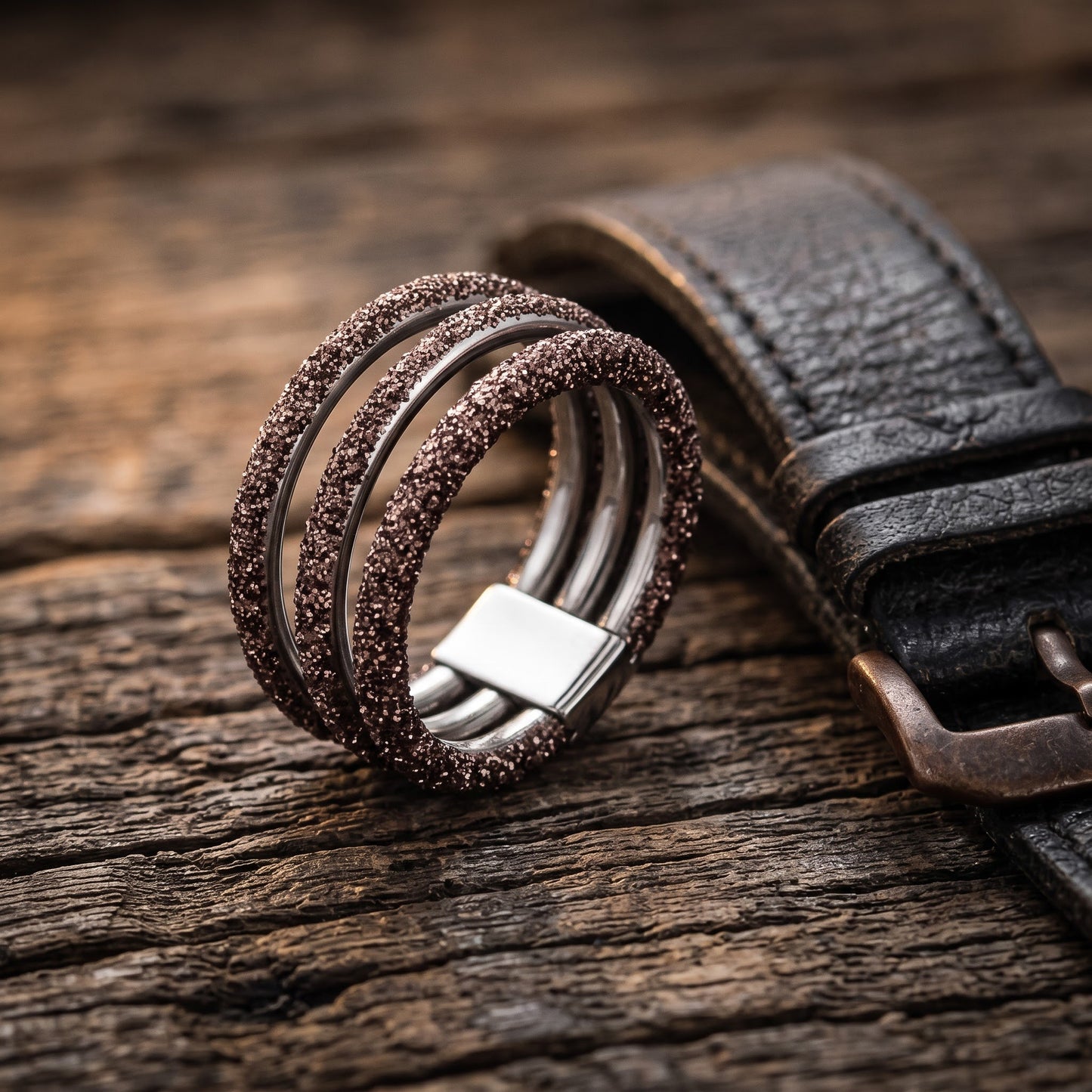 Stainless Steel Men's Layered Brown Stardust Wedding Band Ring, Comfort Fit, Gift for Him view 2