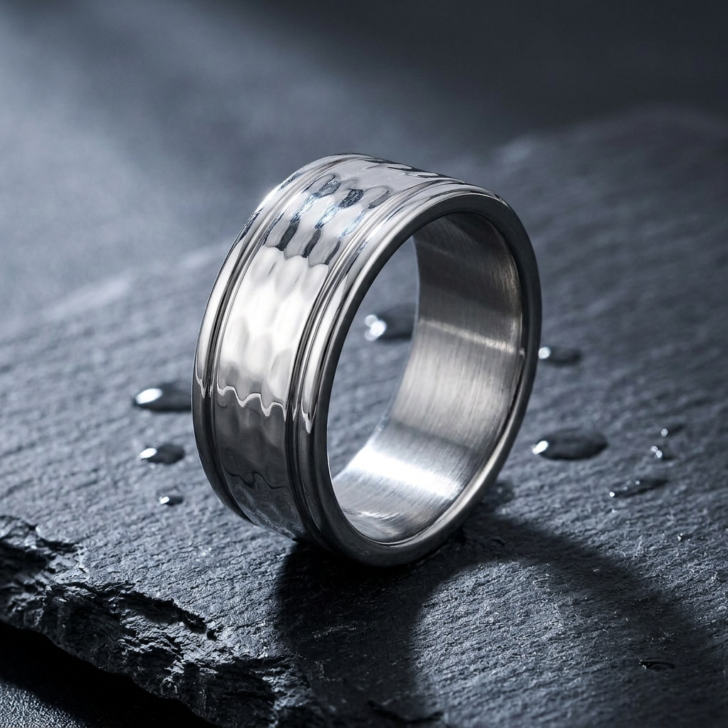 Stainless Steel 8.2mm Polished Hammered Center Comfort Fit Wedding Band for Men life1