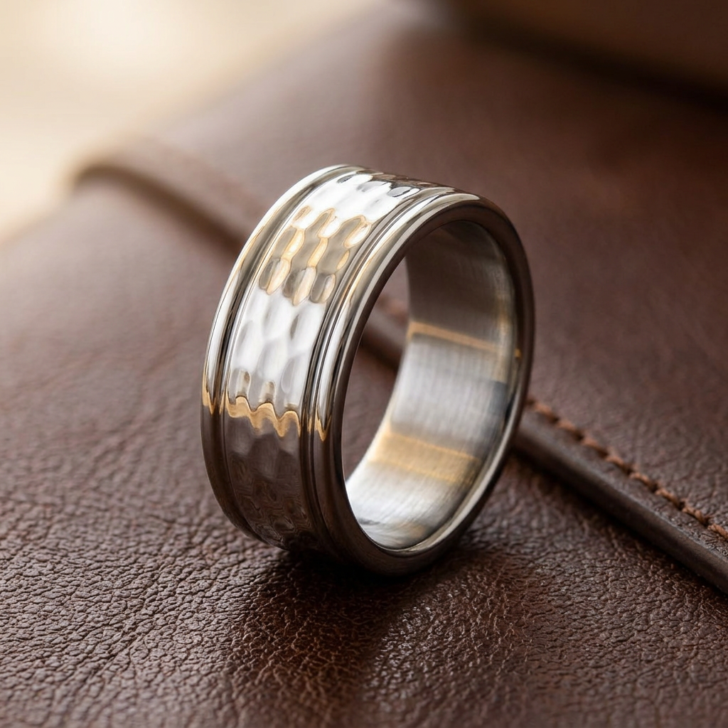 Stainless Steel 8.2mm Polished Hammered Center Comfort Fit Wedding Band for Men life2