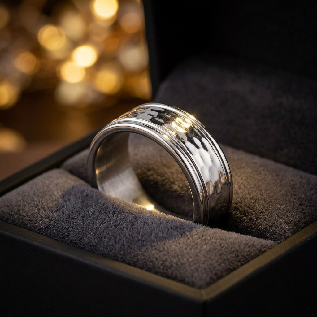 Stainless Steel 8.2mm Polished Hammered Center Comfort Fit Wedding Band for Men life3