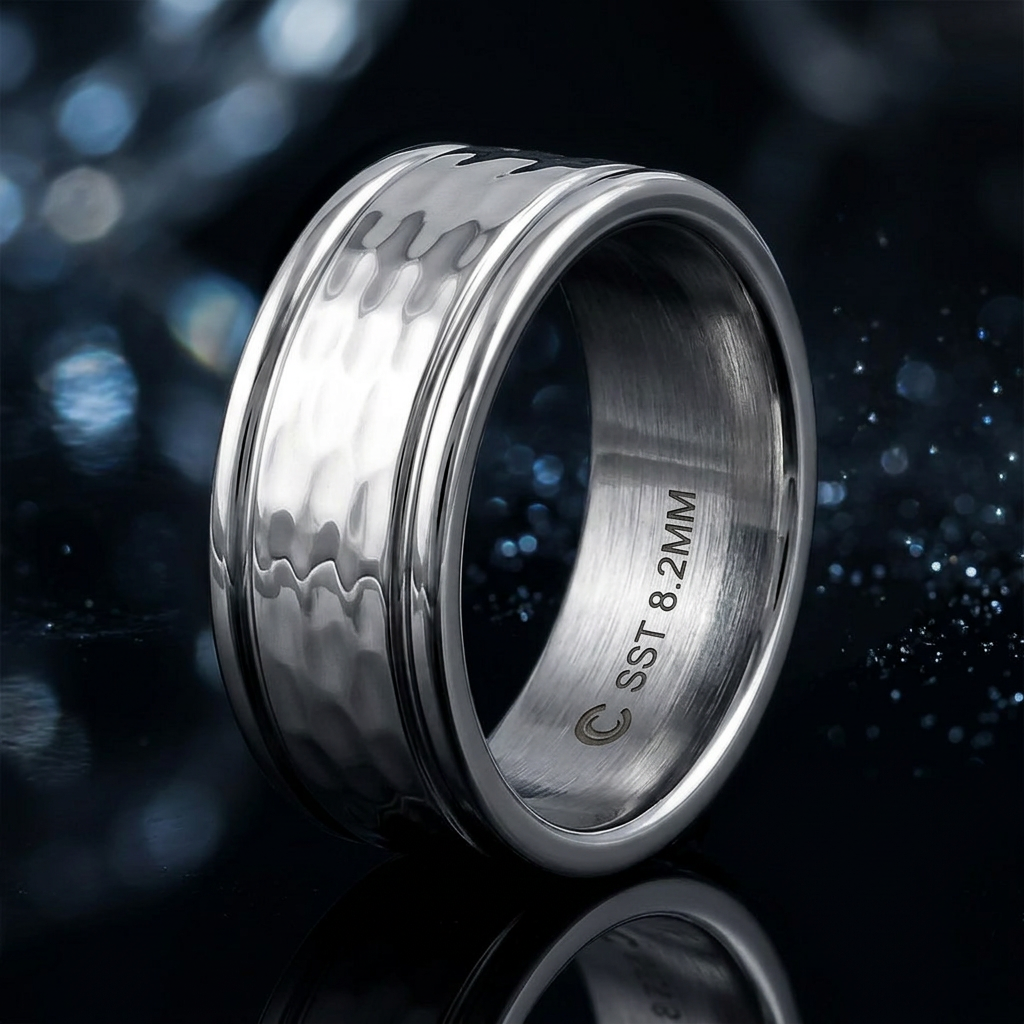 Stainless Steel 8.2mm Polished Hammered Center Comfort Fit Wedding Band for Men life4