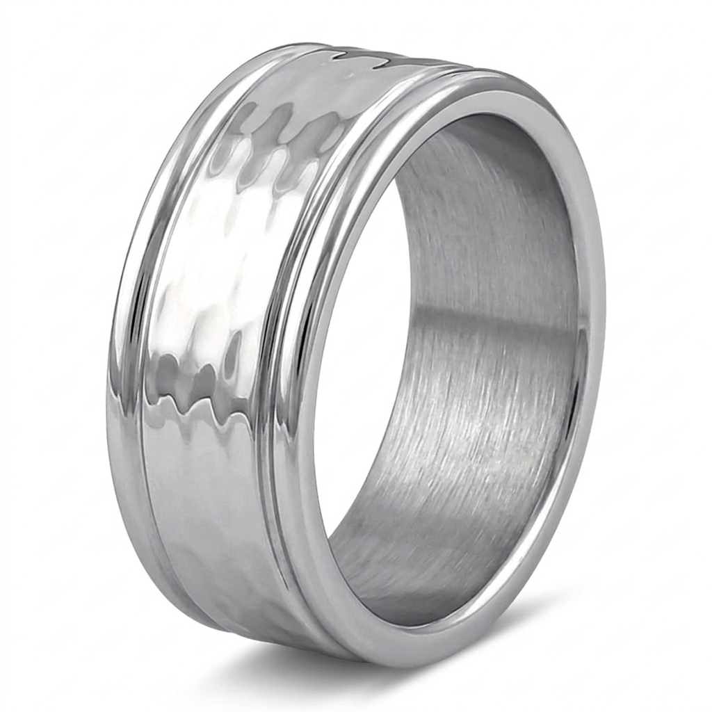 Stainless Steel 8.2mm Polished Hammered Center Comfort Fit Wedding Band for Men